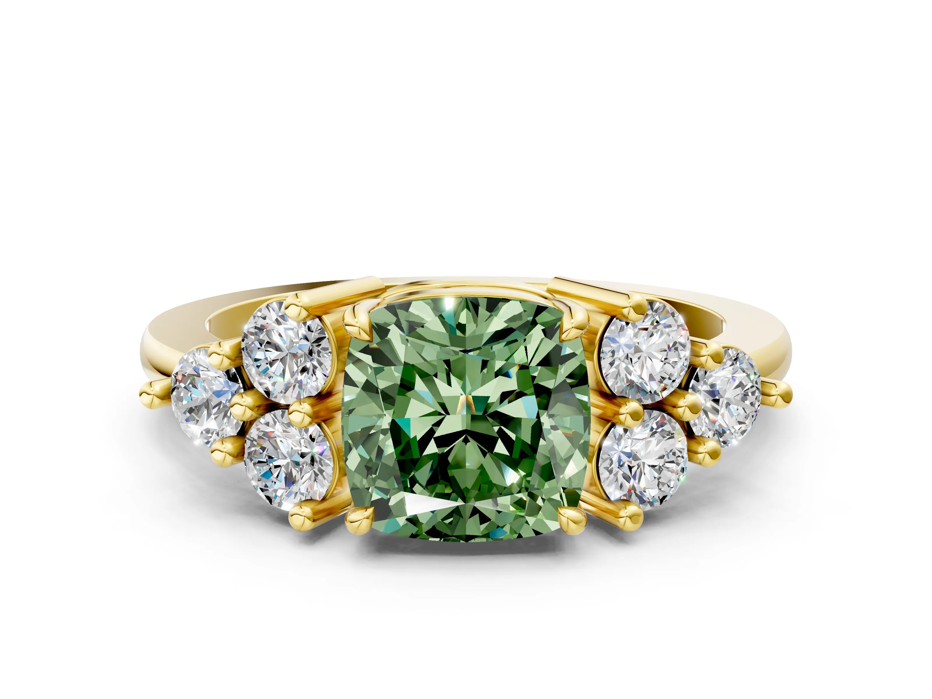 Yellow gold Fancy Green Cushion Cut Brilliant Diamond Cluster Accent Solitaire Ring with Prong Setting