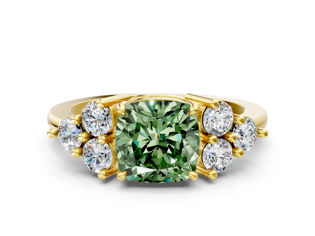 Yellow gold Fancy Green Cushion Cut Brilliant Diamond Cluster Accent Solitaire Ring with Prong Setting