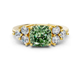 Yellow gold Fancy Green Cushion Cut Brilliant Diamond Cluster Accent Solitaire Ring with Prong Setting
