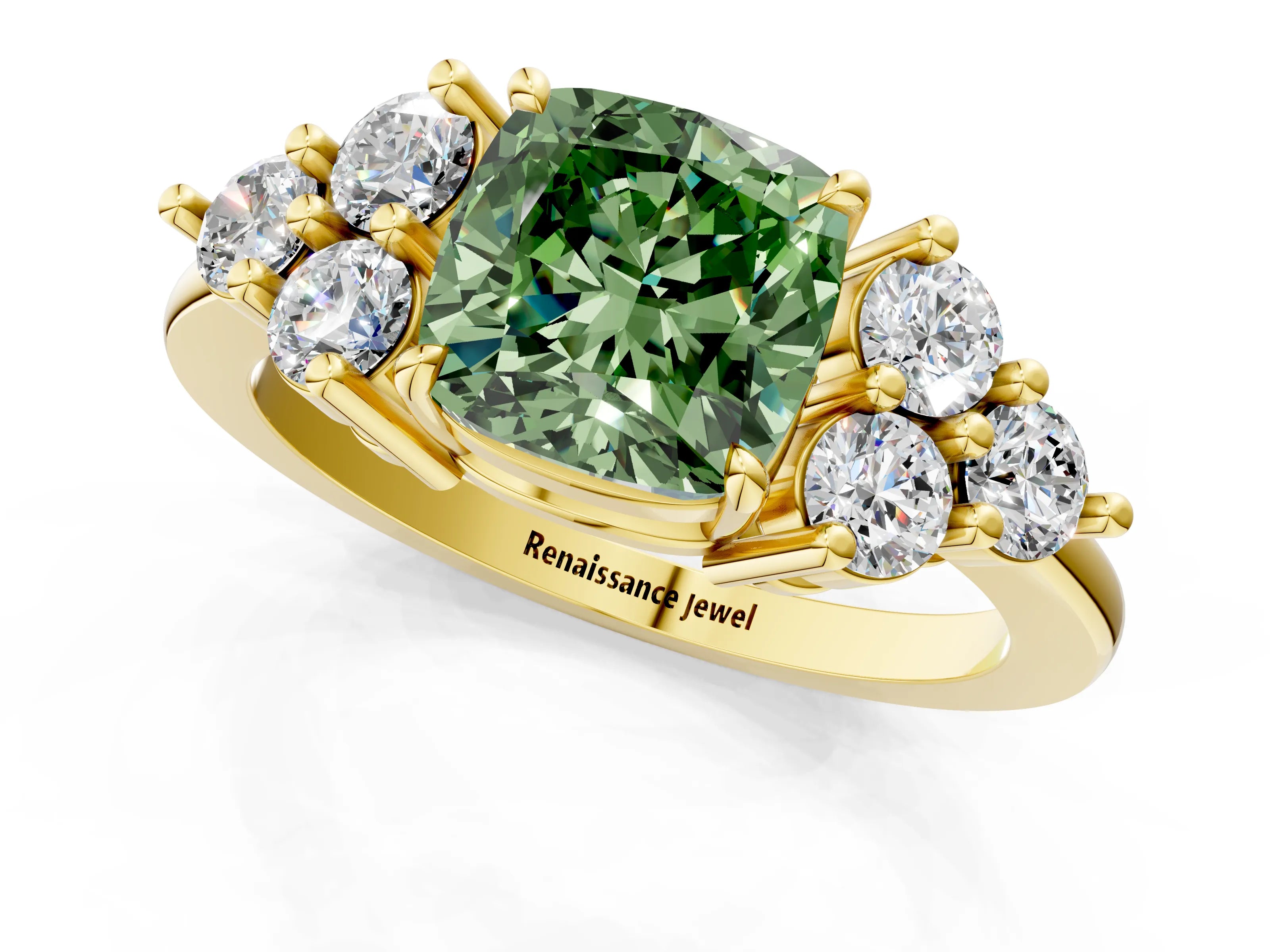 Yellow gold Fancy Green Cushion Cut Brilliant Diamond Cluster Accent Solitaire Ring with Prong Setting_1