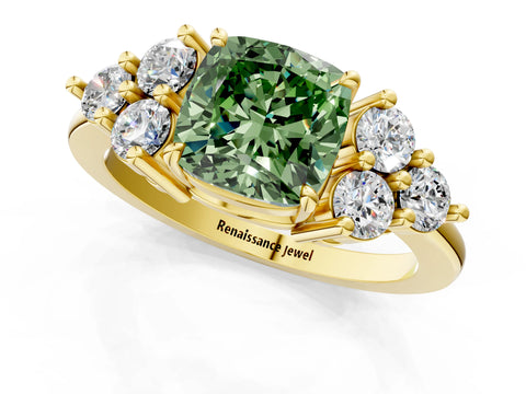 Yellow gold Fancy Green Cushion Cut Brilliant Diamond Cluster Accent Solitaire Ring with Prong Setting_1