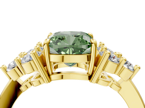 Yellow gold Fancy Green Cushion Cut Brilliant Diamond Cluster Accent Solitaire Ring with Prong Setting_4