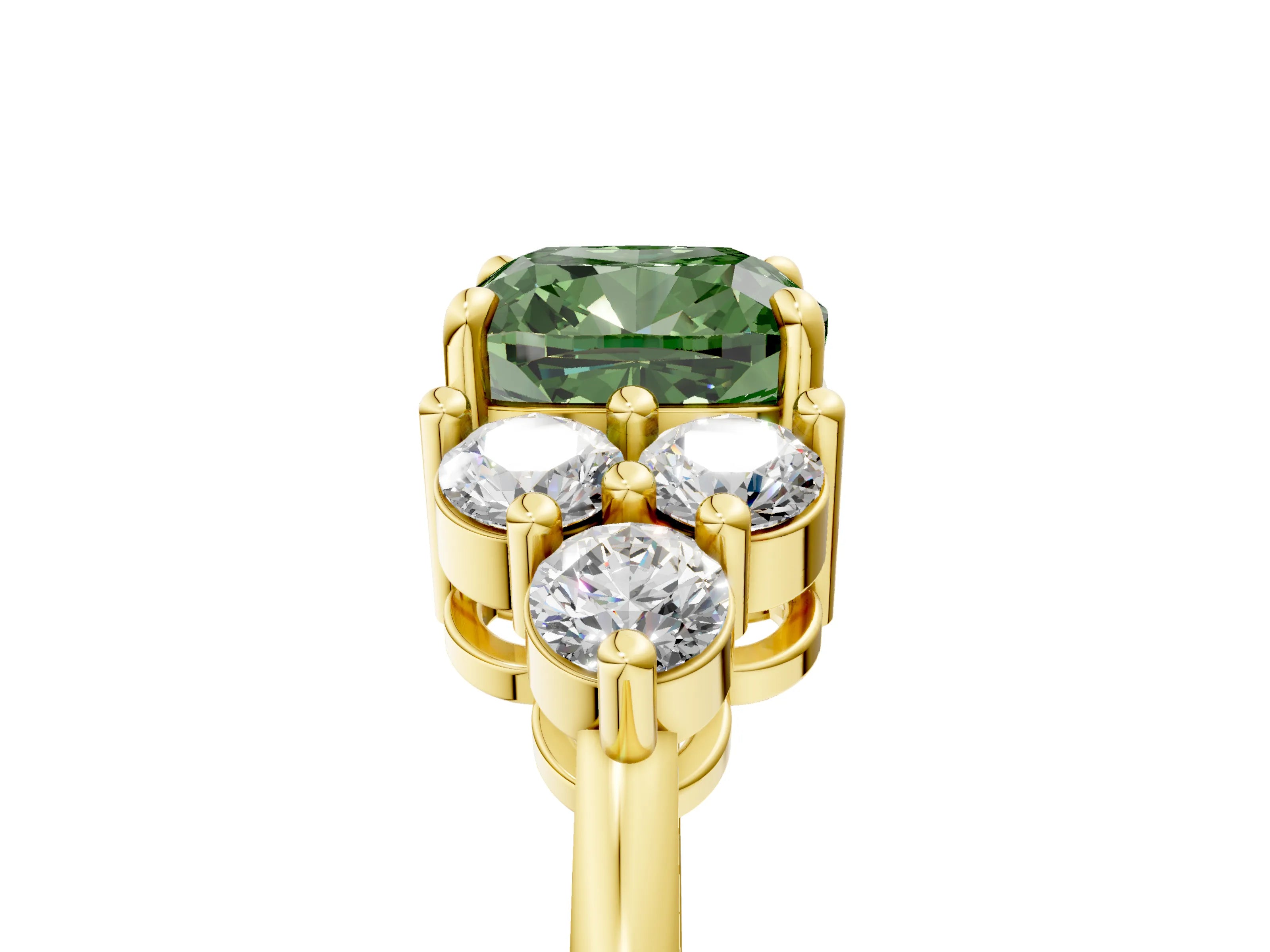 Yellow gold Fancy Green Cushion Cut Brilliant Diamond Cluster Accent Solitaire Ring with Prong Setting_5