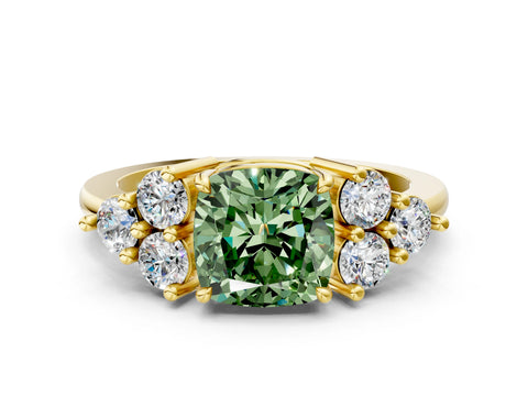 Yellow gold Fancy Green Cushion Cut Brilliant Diamond Cluster Accent Solitaire Ring with Prong Setting