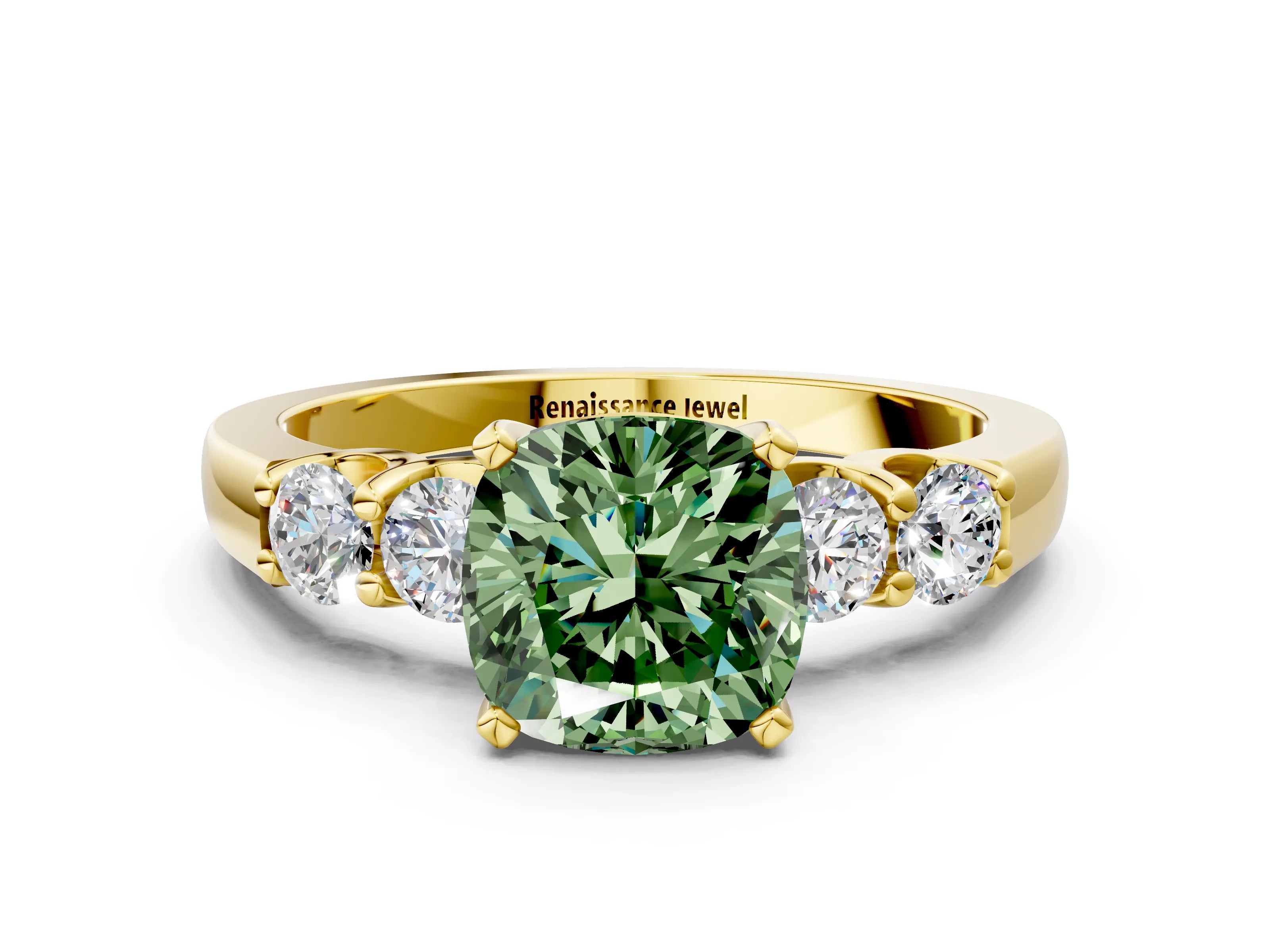 Yellow gold Fancy Green Cushion Cut Brilliant Diamond Five-Stone Engagement Ring with Prong Setting on a Classic Band_3