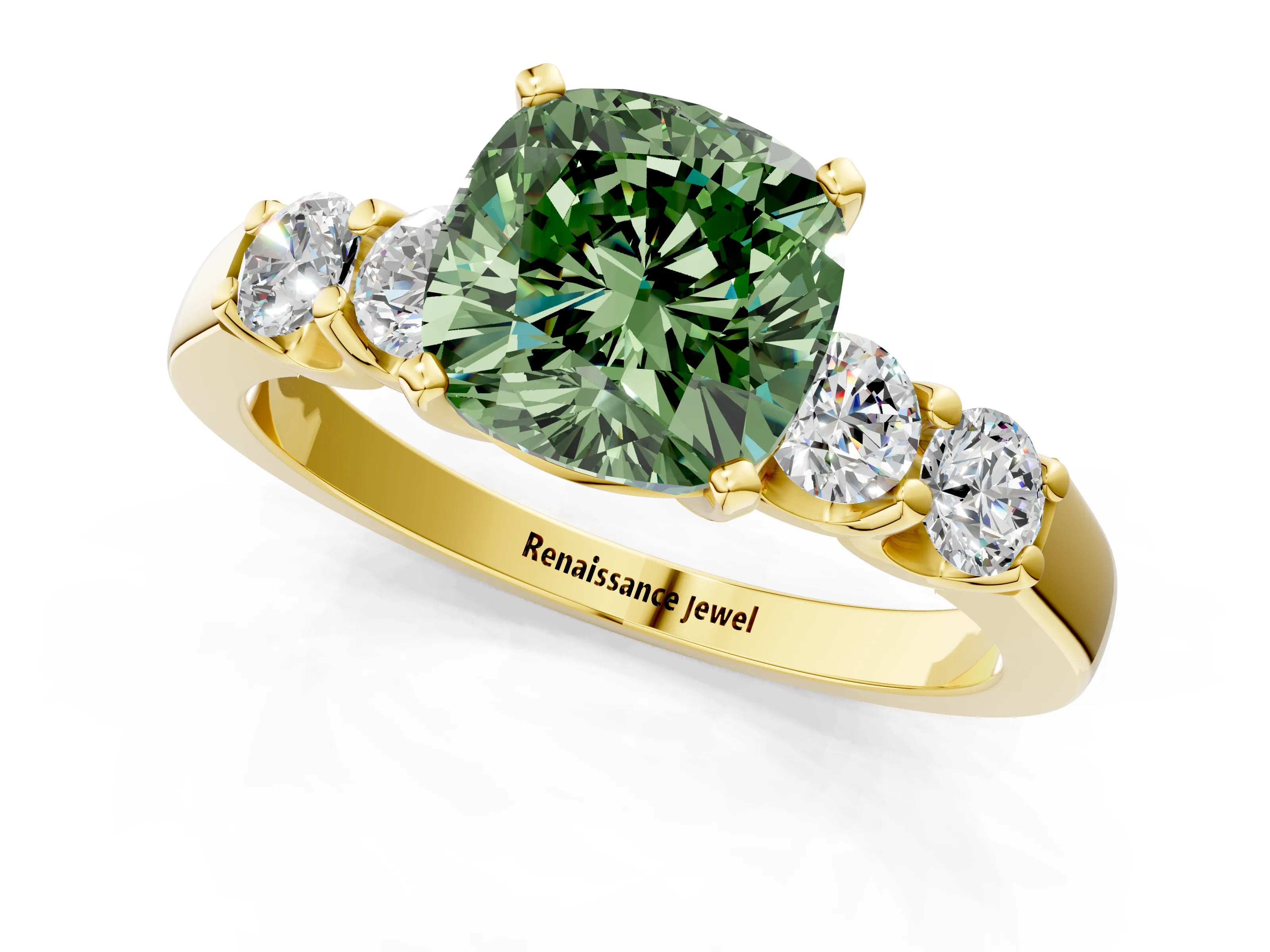 Yellow gold Fancy Green Cushion Cut Brilliant Diamond Five-Stone Engagement Ring with Prong Setting on a Classic Band_4