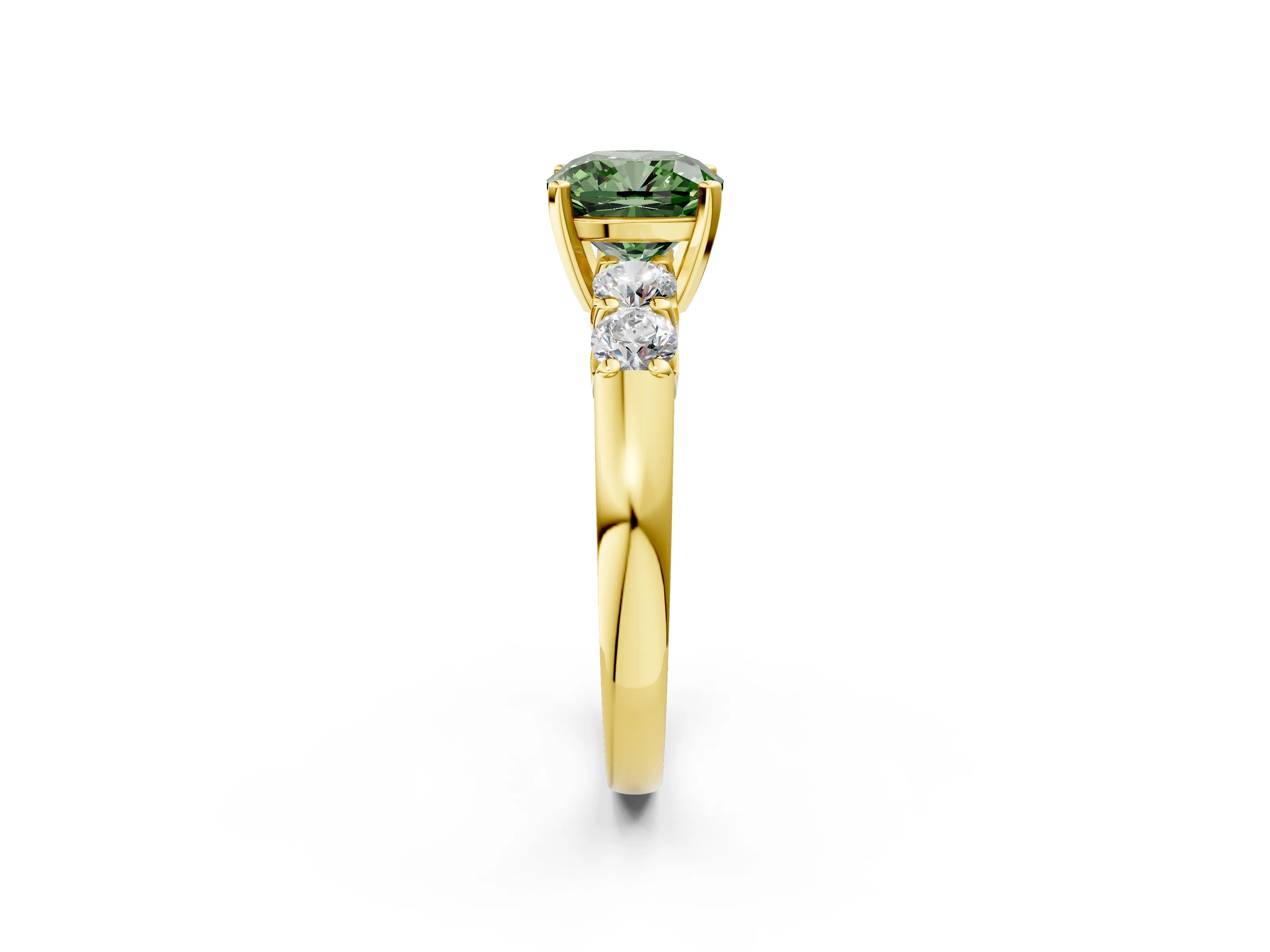 Yellow gold Fancy Green Cushion Cut Brilliant Diamond Five-Stone Engagement Ring with Prong Setting on a Classic Band_5