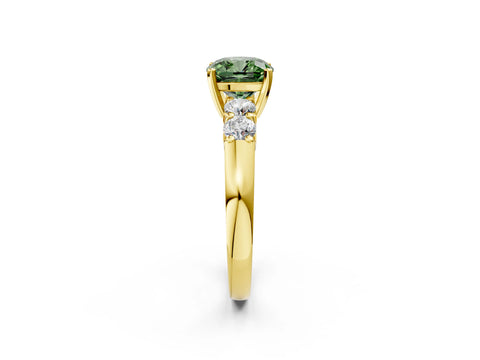 Yellow gold Fancy Green Cushion Cut Brilliant Diamond Five-Stone Engagement Ring with Prong Setting on a Classic Band_5