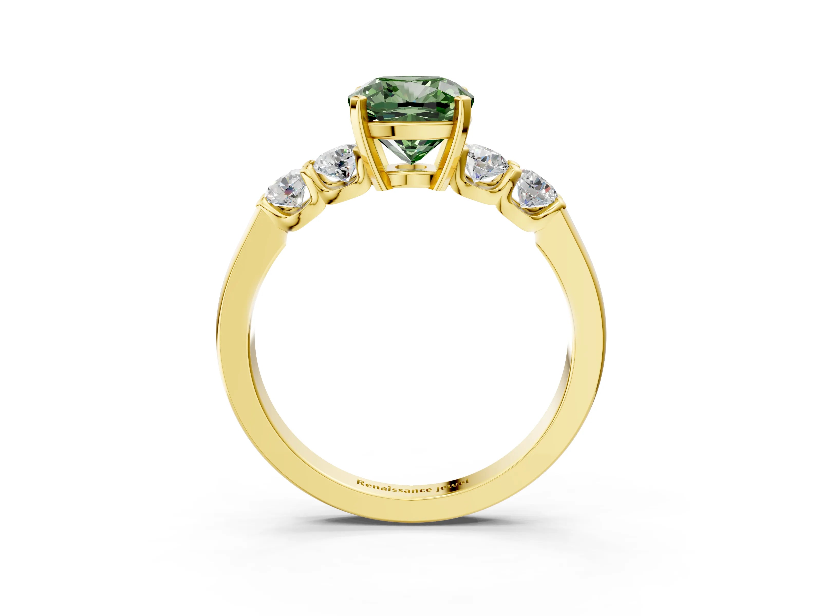 Yellow gold Fancy Green Cushion Cut Brilliant Diamond Five-Stone Engagement Ring with Prong Setting on a Classic Band_6