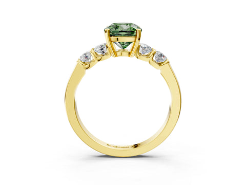 Yellow gold Fancy Green Cushion Cut Brilliant Diamond Five-Stone Engagement Ring with Prong Setting on a Classic Band_6