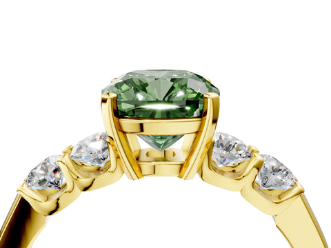 Yellow gold Fancy Green Cushion Cut Brilliant Diamond Five-Stone Engagement Ring with Prong Setting on a Classic Band_7