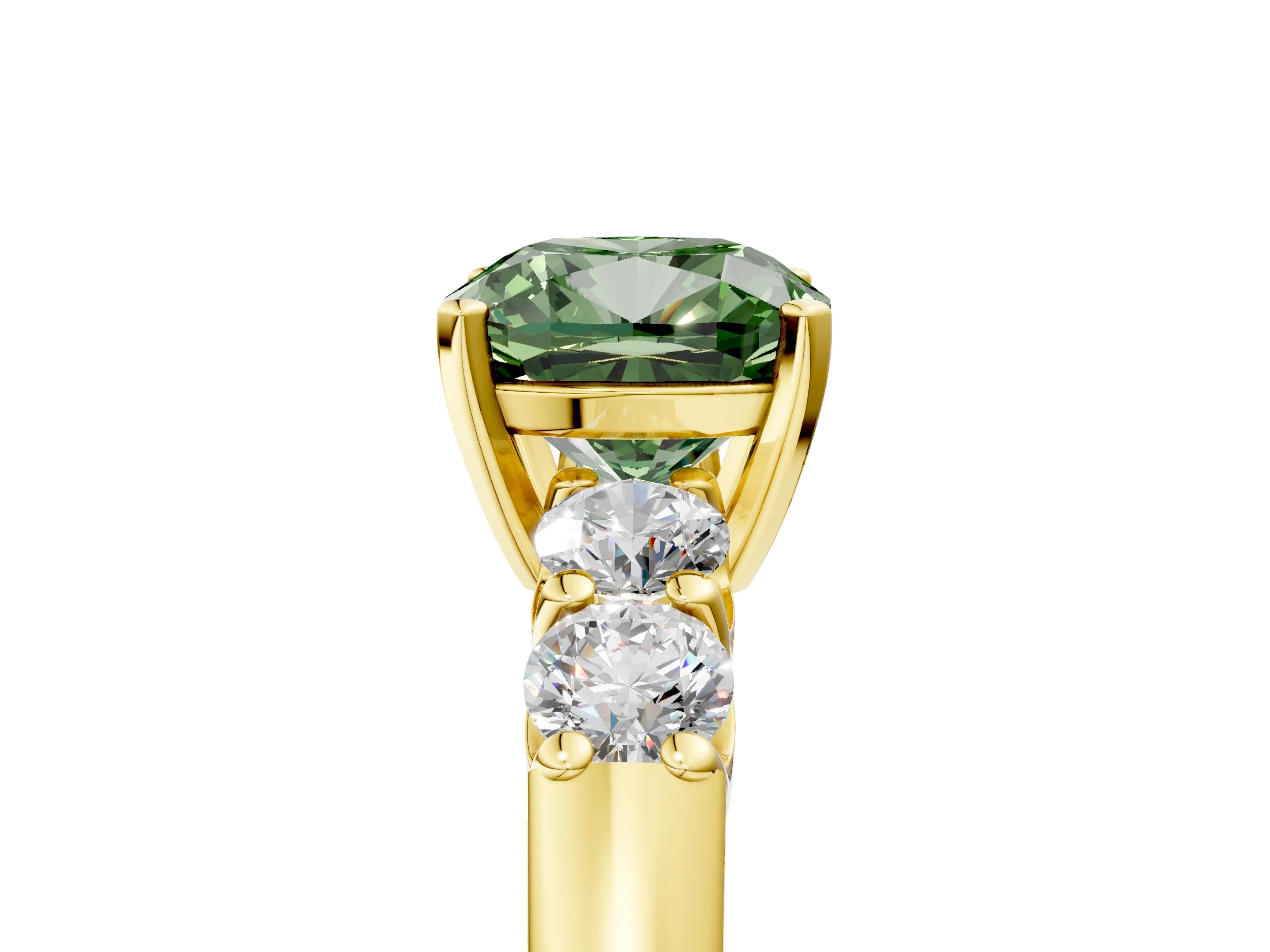 Yellow gold Fancy Green Cushion Cut Brilliant Diamond Five-Stone Engagement Ring with Prong Setting on a Classic Band_8