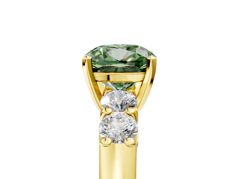 Yellow gold Fancy Green Cushion Cut Brilliant Diamond Five-Stone Engagement Ring with Prong Setting on a Classic Band_8