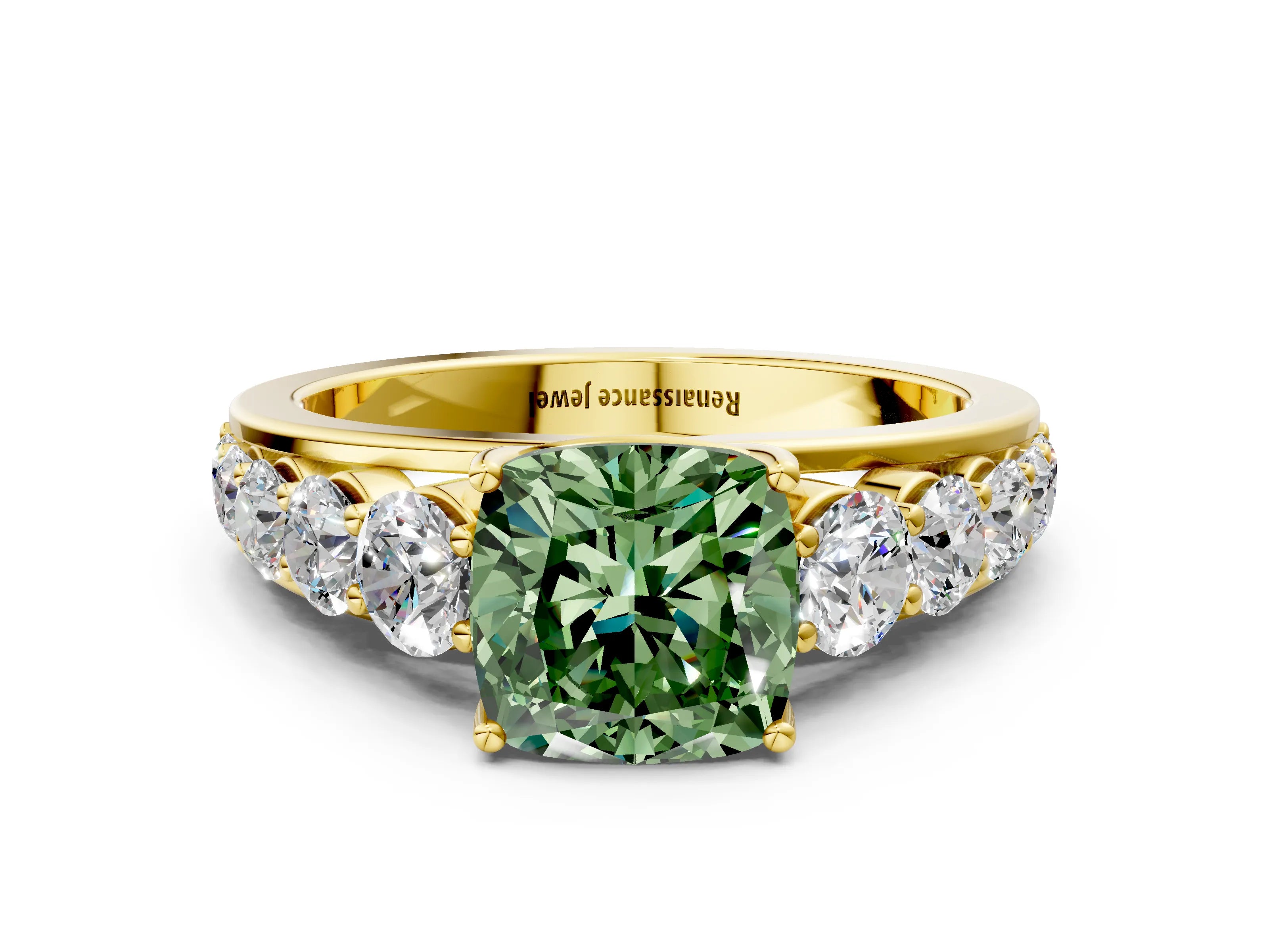 Yellow gold Fancy Green Cushion Cut Brilliant Diamond Pavé Band with Six-Prong Setting