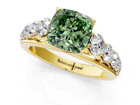 Yellow gold Fancy Green Cushion Cut Brilliant Diamond Pavé Band with Six-Prong Setting_1