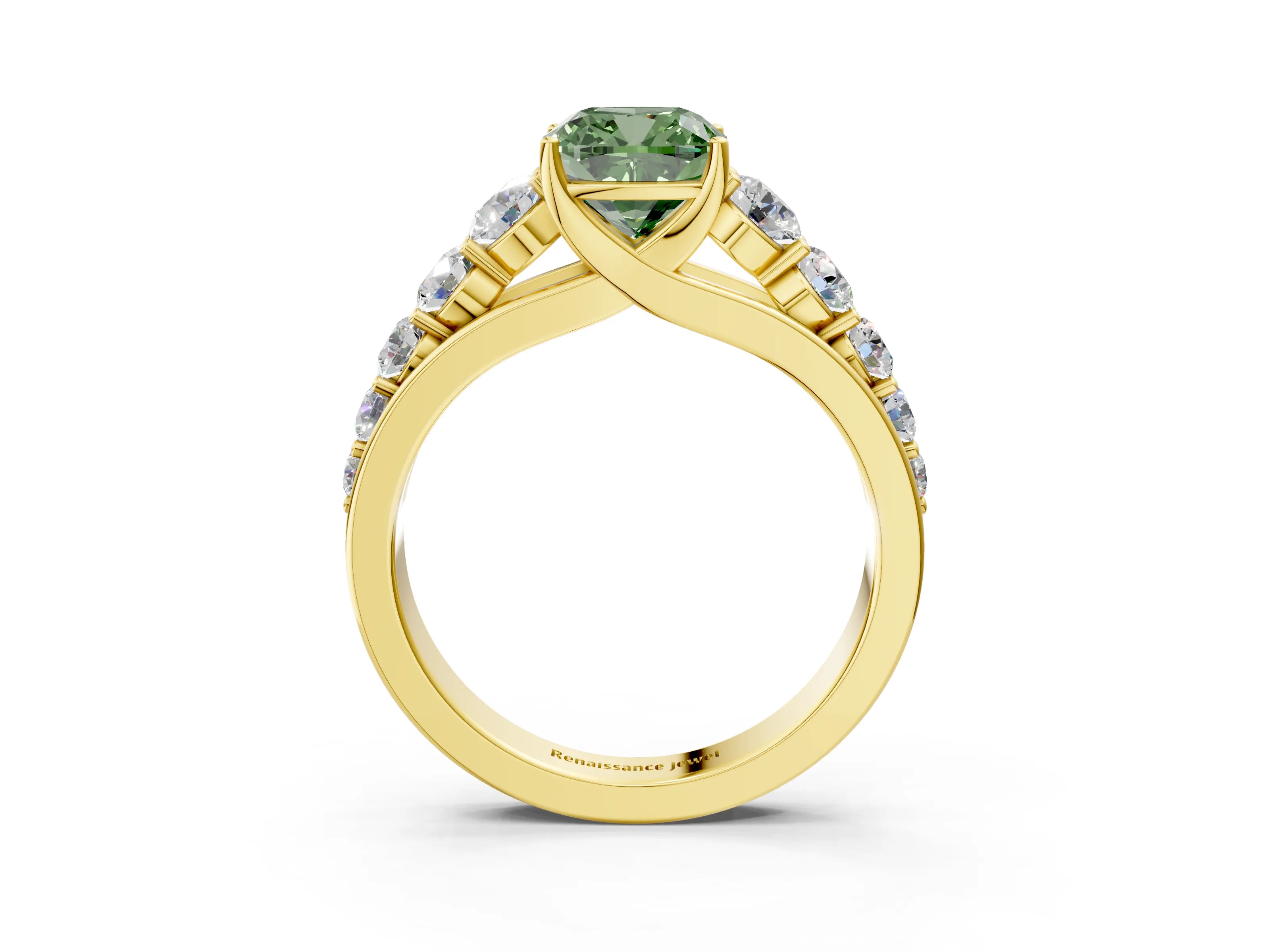 Yellow gold Fancy Green Cushion Cut Brilliant Diamond Pavé Band with Six-Prong Setting_3