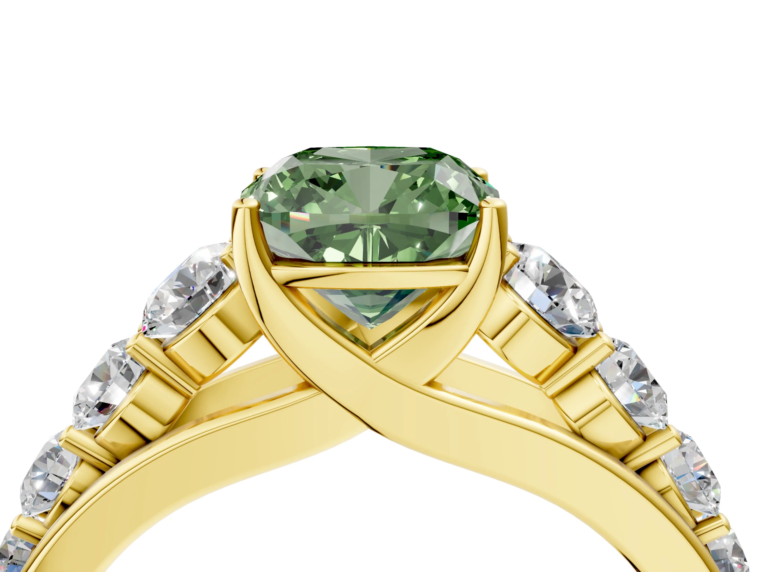 Yellow gold Fancy Green Cushion Cut Brilliant Diamond Pavé Band with Six-Prong Setting_4