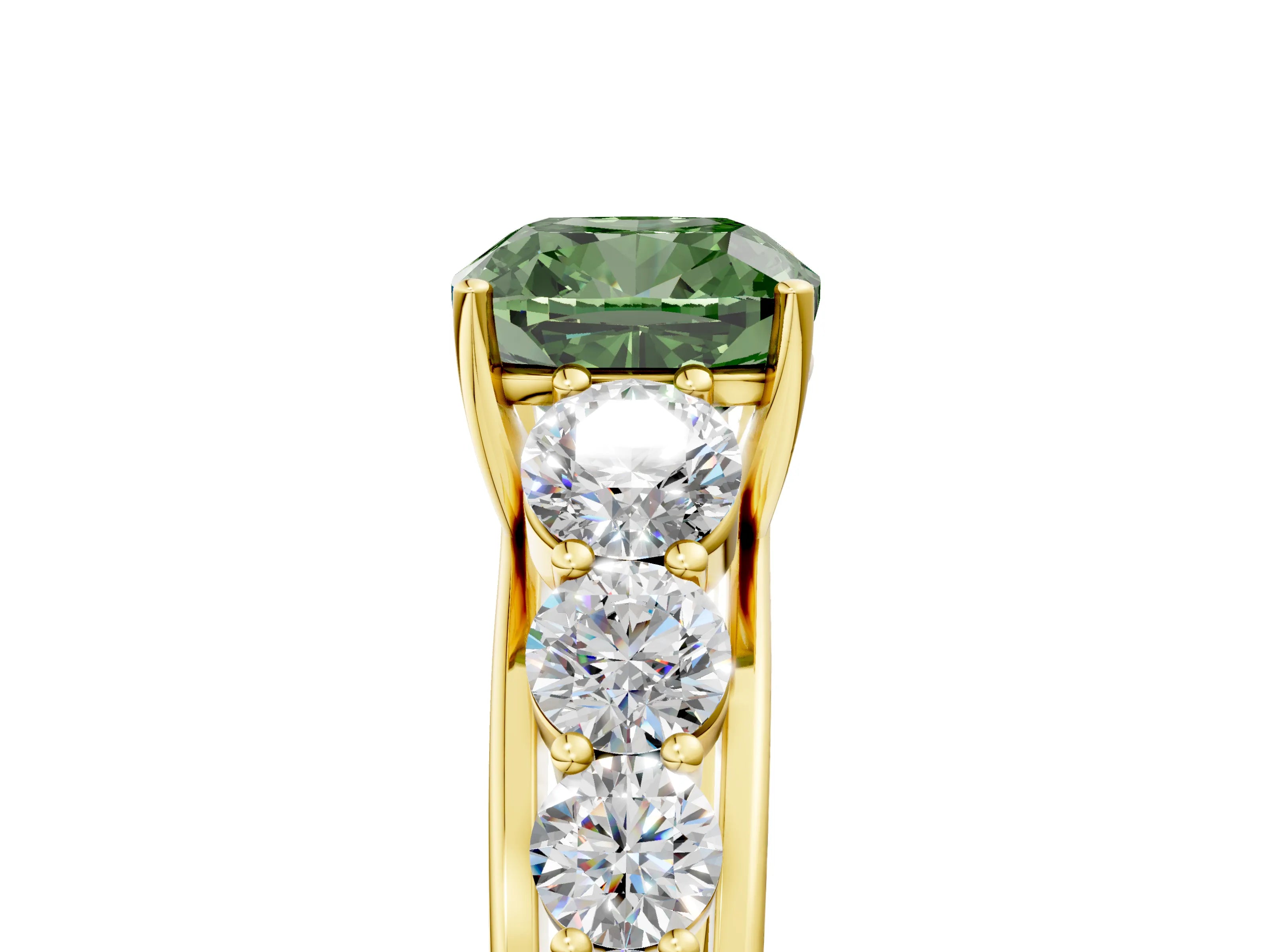 Yellow gold Fancy Green Cushion Cut Brilliant Diamond Pavé Band with Six-Prong Setting_5