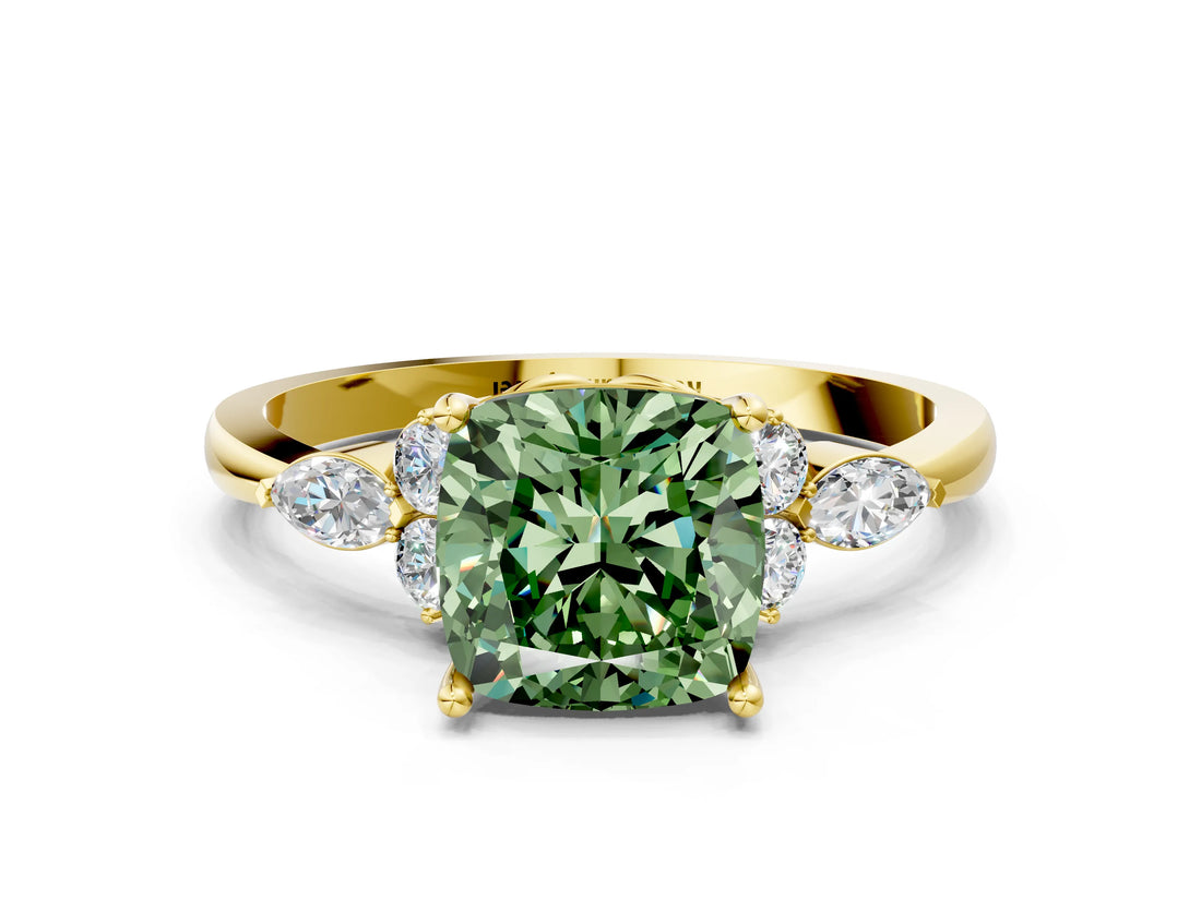 Yellow gold Fancy Green Cushion Cut Brilliant Diamond Solitaire Ring with Pear Side Stones and Four-Prong Setting_3