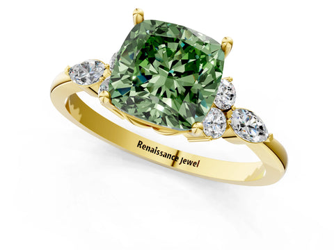 Yellow gold Fancy Green Cushion Cut Brilliant Diamond Solitaire Ring with Pear Side Stones and Four-Prong Setting_4