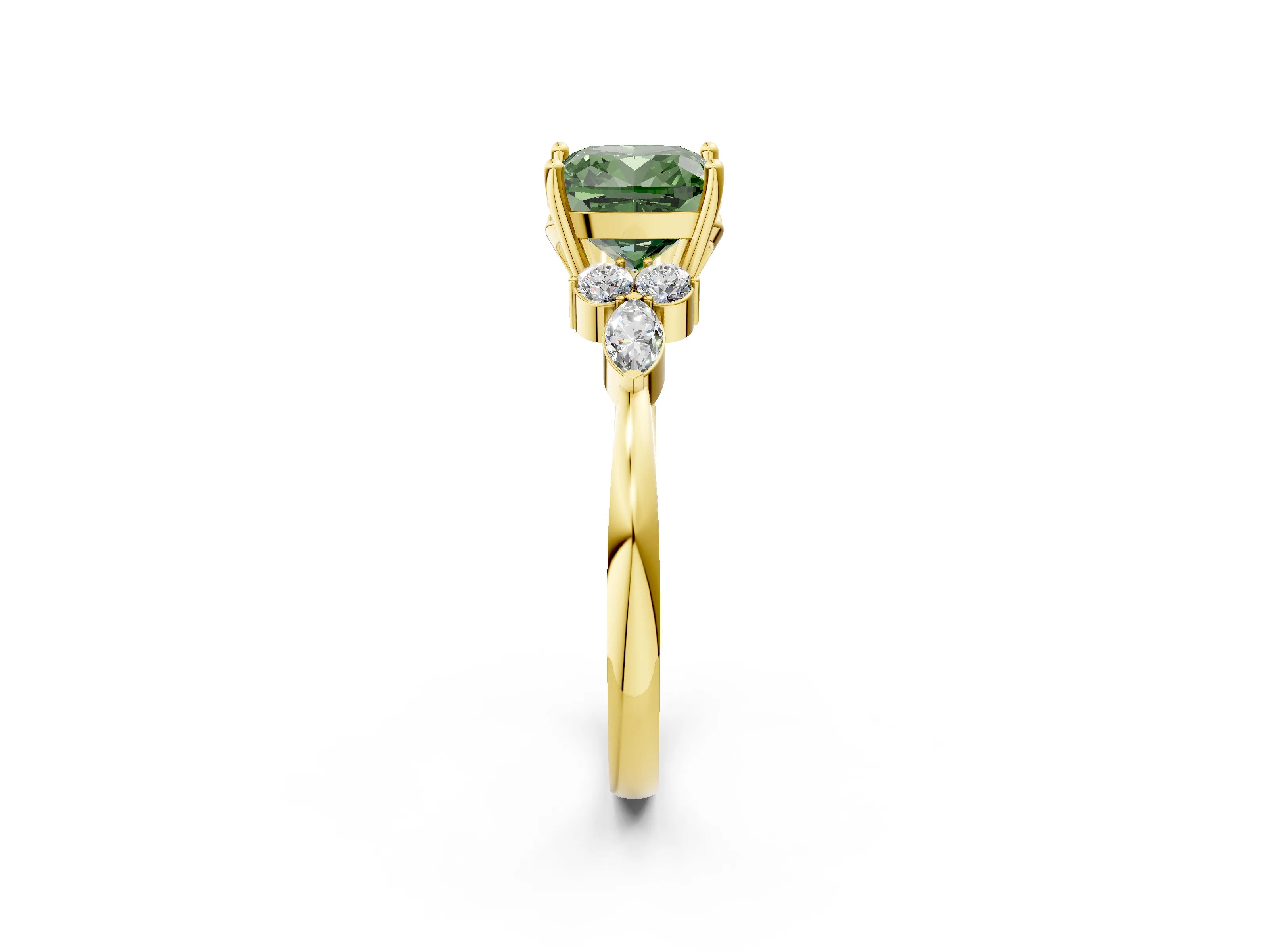 Yellow gold Fancy Green Cushion Cut Brilliant Diamond Solitaire Ring with Pear Side Stones and Four-Prong Setting_5