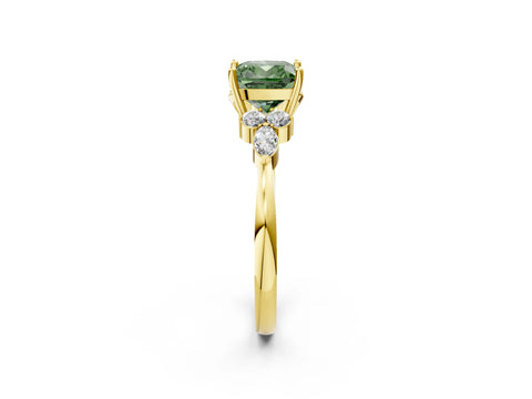 Yellow gold Fancy Green Cushion Cut Brilliant Diamond Solitaire Ring with Pear Side Stones and Four-Prong Setting_5