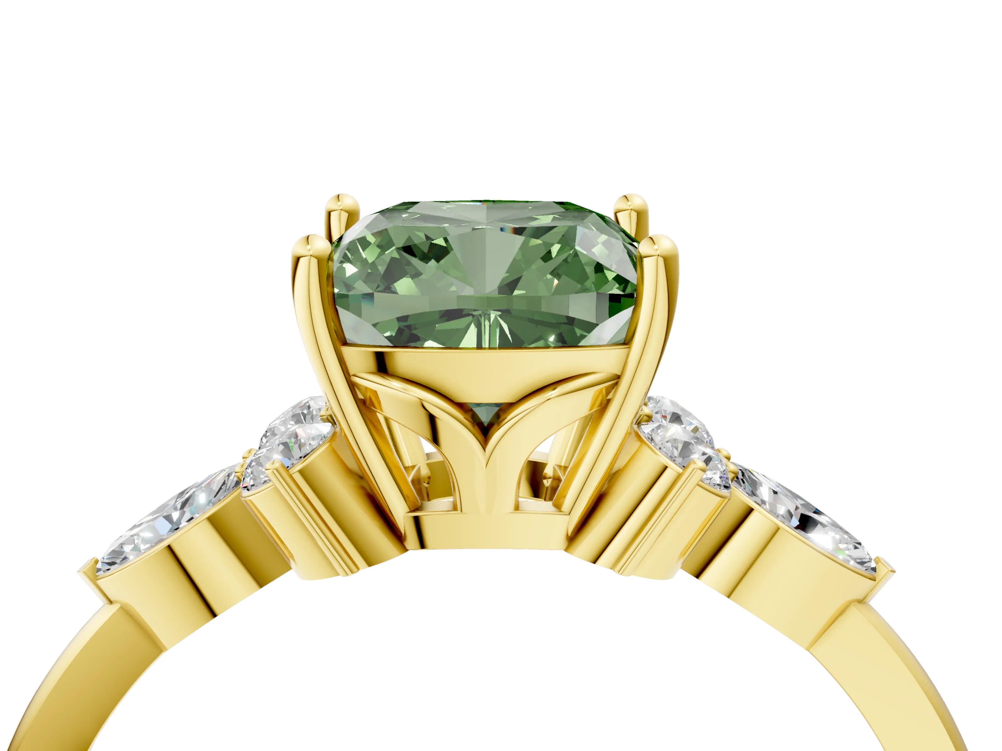 Yellow gold Fancy Green Cushion Cut Brilliant Diamond Solitaire Ring with Pear Side Stones and Four-Prong Setting_7