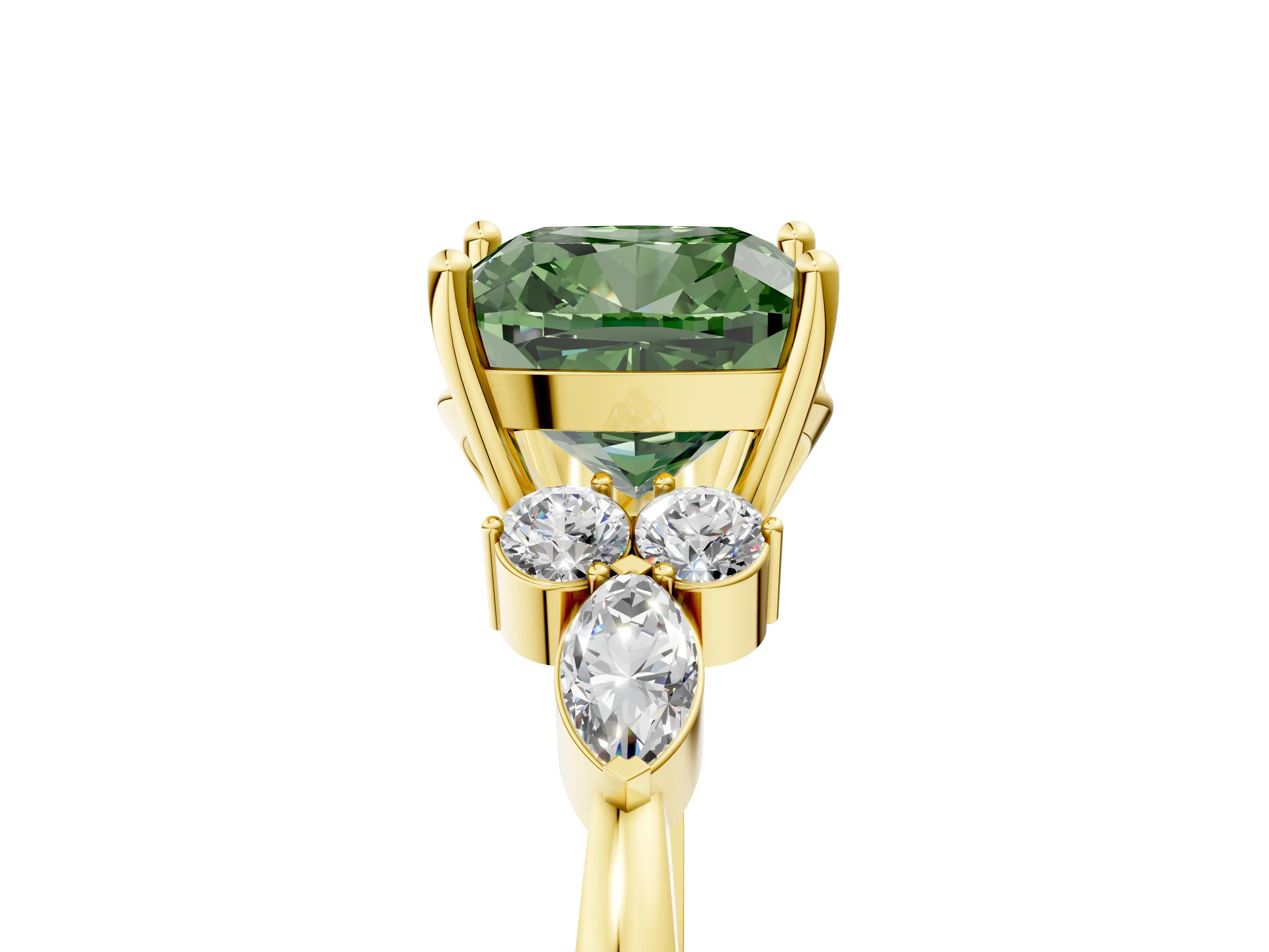 Yellow gold Fancy Green Cushion Cut Brilliant Diamond Solitaire Ring with Pear Side Stones and Four-Prong Setting_8