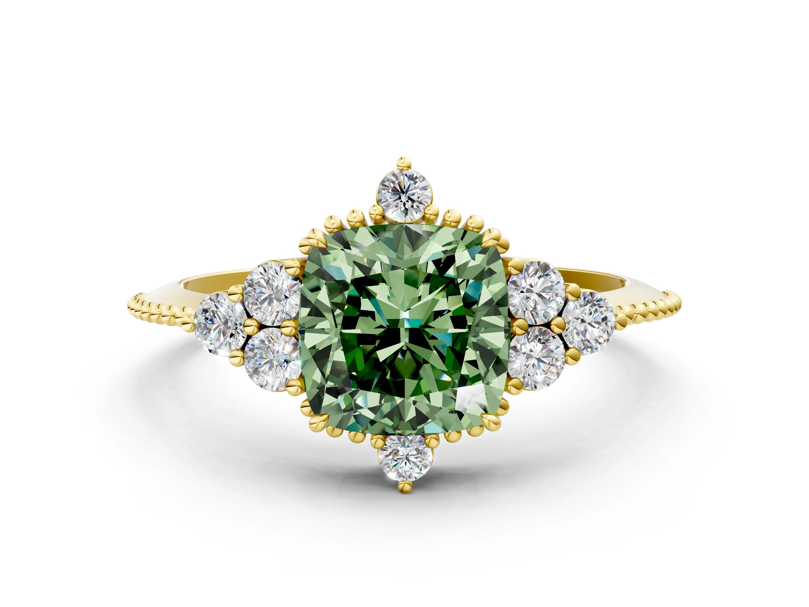 Yellow gold Fancy Green Cushion Cut Brilliant Diamond with Cluster Setting on a Beaded Band and Four-Prong Setting