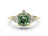 Yellow gold Fancy Green Cushion Cut Brilliant Diamond with Cluster Setting on a Beaded Band and Four-Prong Setting