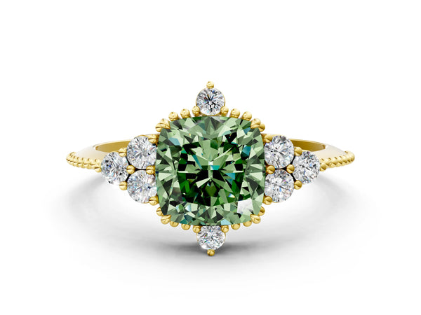 Yellow gold Fancy Green Cushion Cut Brilliant Diamond with Cluster Setting on a Beaded Band and Four-Prong Setting