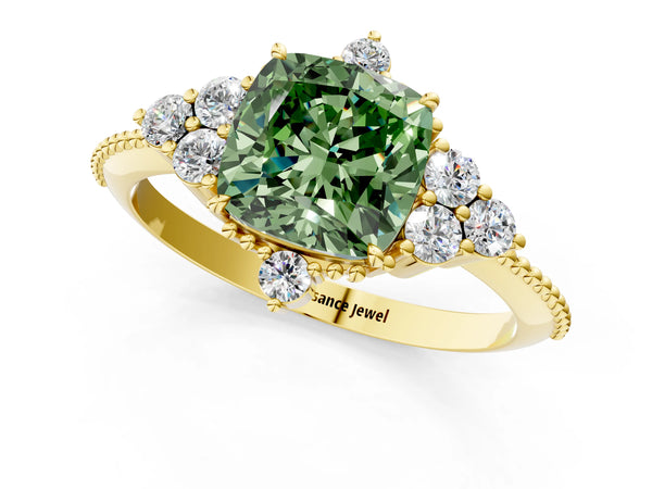 Yellow gold Fancy Green Cushion Cut Brilliant Diamond with Cluster Setting on a Beaded Band and Four-Prong Setting