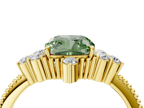Yellow gold Fancy Green Cushion Cut Brilliant Diamond with Cluster Setting on a Beaded Band and Four-Prong Setting_4