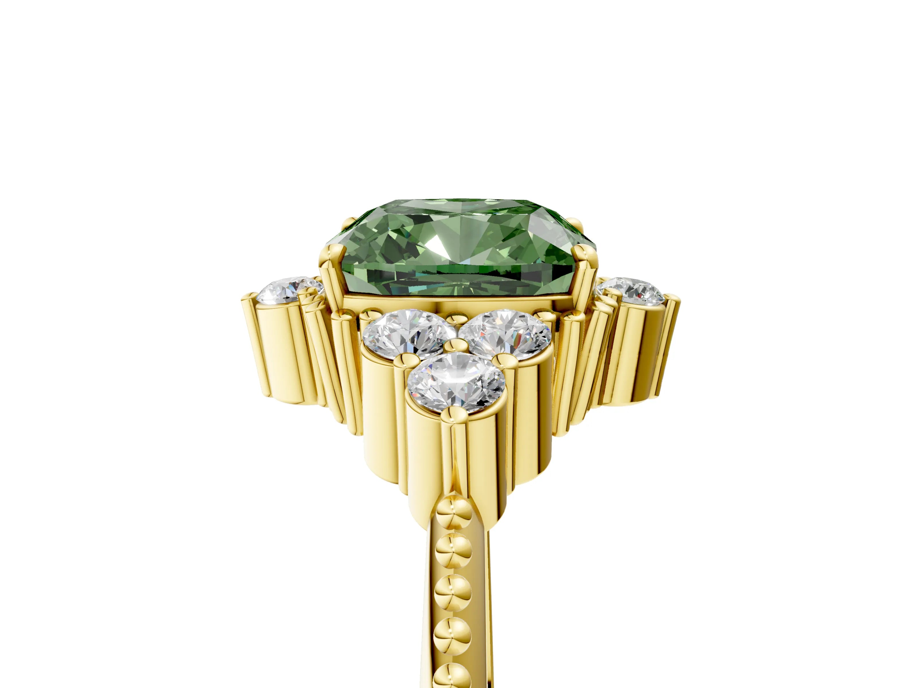 Yellow gold Fancy Green Cushion Cut Brilliant Diamond with Cluster Setting on a Beaded Band and Four-Prong Setting_5