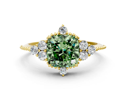 Yellow gold Fancy Green Cushion Cut Brilliant Diamond with Cluster Setting on a Beaded Band and Four-Prong Setting