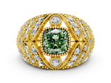 Yellow gold Fancy Green Cushion Cut Brilliant Halo Pave Diamond Milgrain Ring