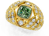 Yellow gold Fancy Green Cushion Cut Brilliant Halo Pave Diamond Milgrain Ring_1