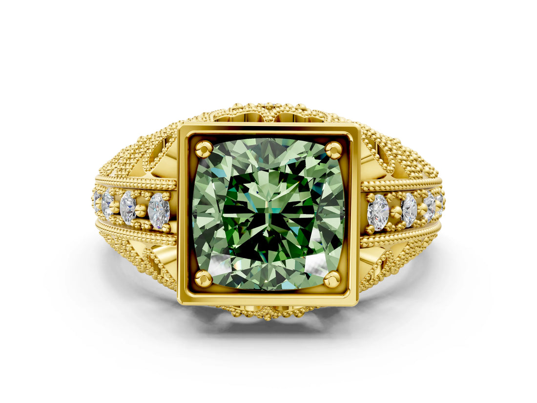 Yellow gold Fancy Green Cushion Cut Brilliant Milgrain Filigree Diamond Ring with Square Prong Setting