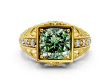Yellow gold Fancy Green Cushion Cut Brilliant Milgrain Filigree Diamond Ring with Square Prong Setting
