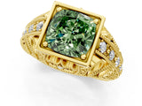 Yellow gold Fancy Green Cushion Cut Brilliant Milgrain Filigree Diamond Ring with Square Prong Setting_1
