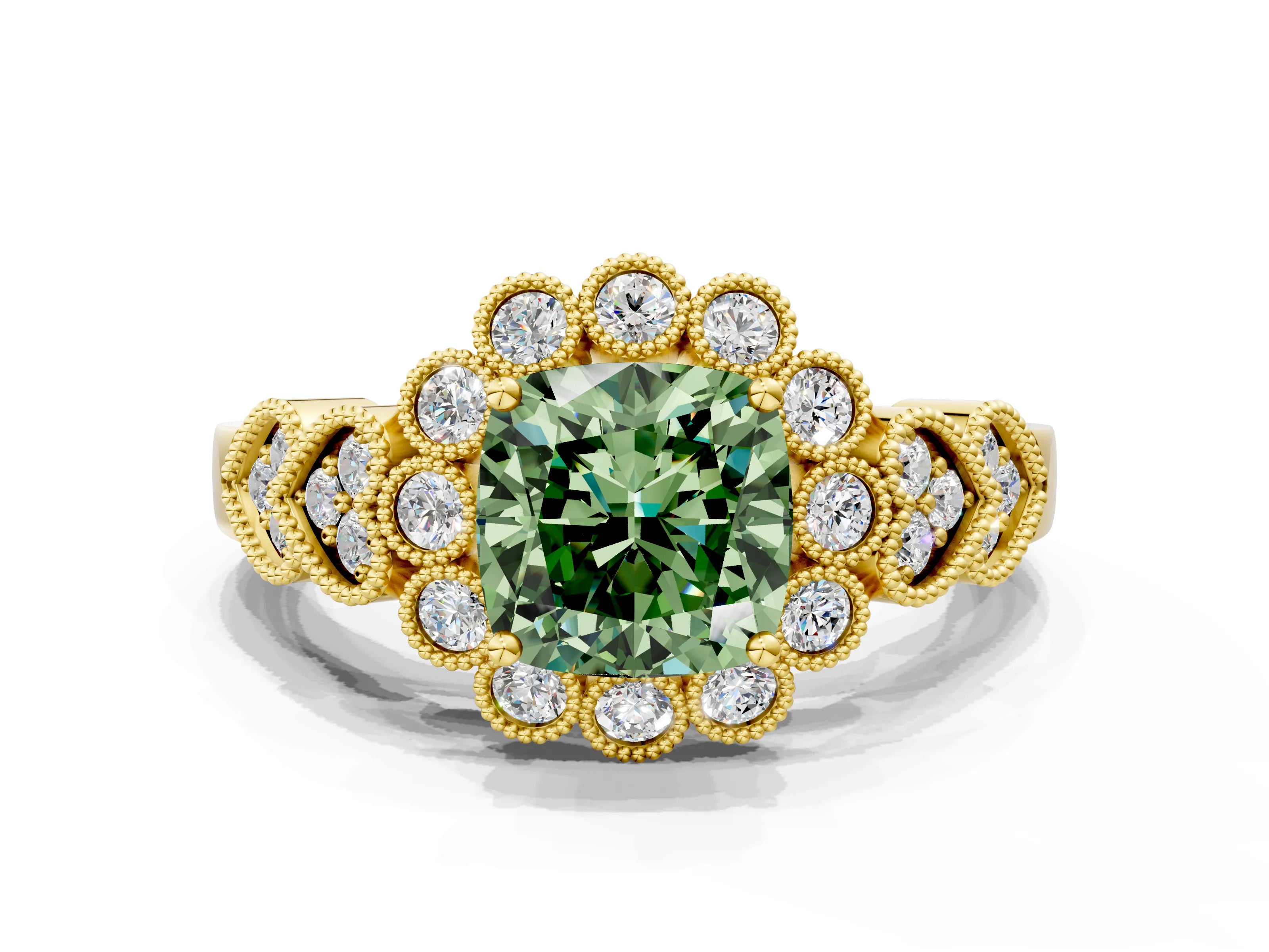 Yellow gold Fancy Green Cushion Cut Brilliant Milgrain Pave Heart Band Solitaire Ring