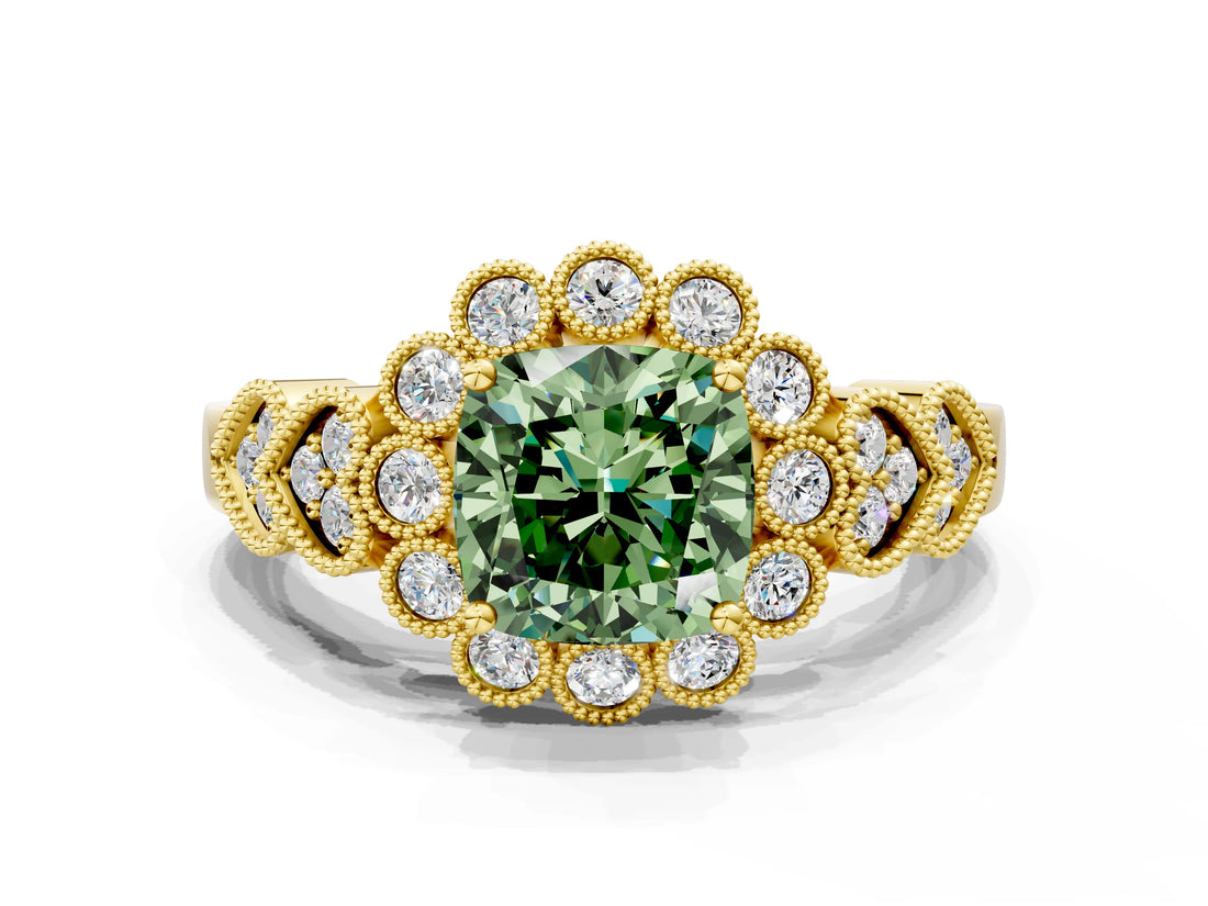 Yellow gold Fancy Green Cushion Cut Brilliant Milgrain Pave Heart Band Solitaire Ring