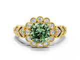 Yellow gold Fancy Green Cushion Cut Brilliant Milgrain Pave Heart Band Solitaire Ring