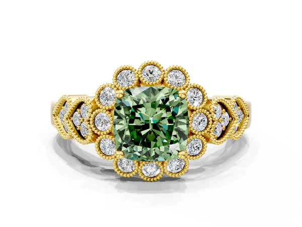 Yellow gold Fancy Green Cushion Cut Brilliant Milgrain Pave Heart Band Solitaire Ring