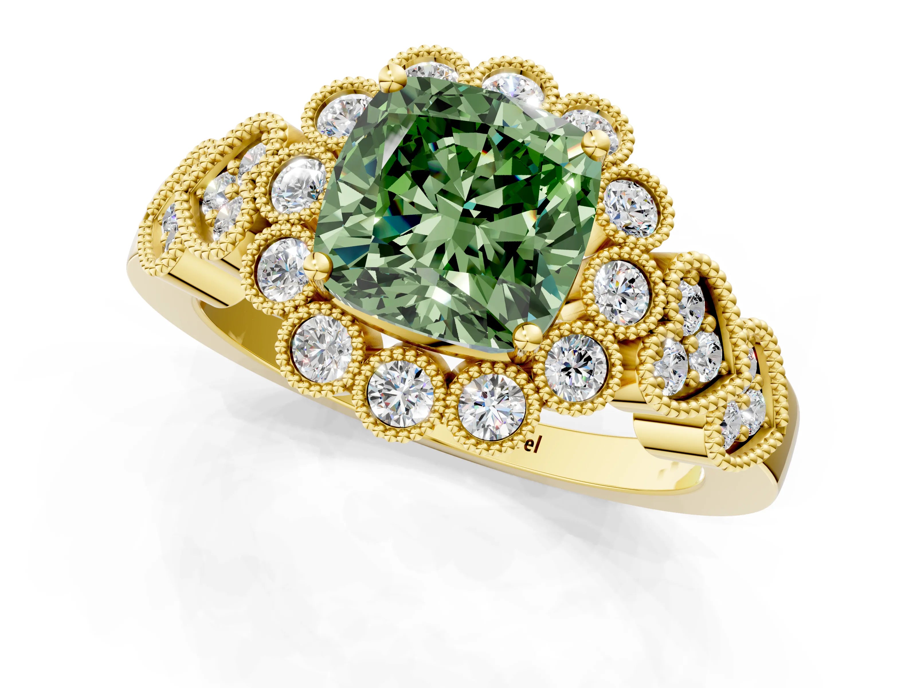 Yellow gold Fancy Green Cushion Cut Brilliant Milgrain Pave Heart Band Solitaire Ring_1