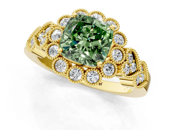 Yellow gold Fancy Green Cushion Cut Brilliant Milgrain Pave Heart Band Solitaire Ring