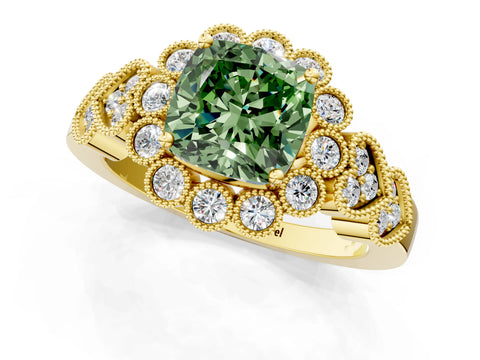 Yellow gold Fancy Green Cushion Cut Brilliant Milgrain Pave Heart Band Solitaire Ring_1