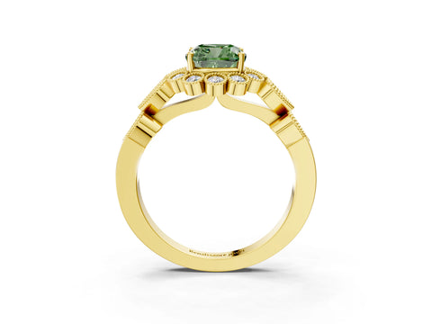 Yellow gold Fancy Green Cushion Cut Brilliant Milgrain Pave Heart Band Solitaire Ring_3