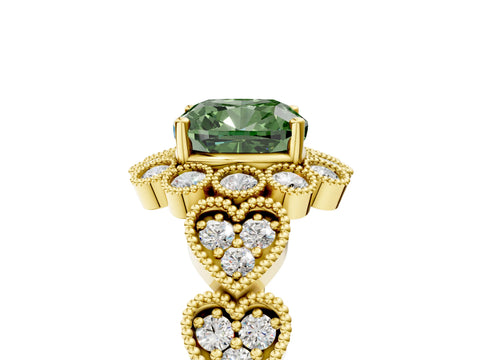 Yellow gold Fancy Green Cushion Cut Brilliant Milgrain Pave Heart Band Solitaire Ring_5