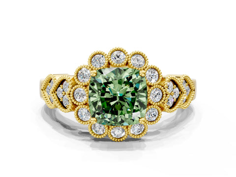 Yellow gold Fancy Green Cushion Cut Brilliant Milgrain Pave Heart Band Solitaire Ring